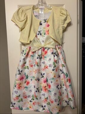 Bonnie Jean Yellow Bolero with Floral Print Dress and Shimmery Bow